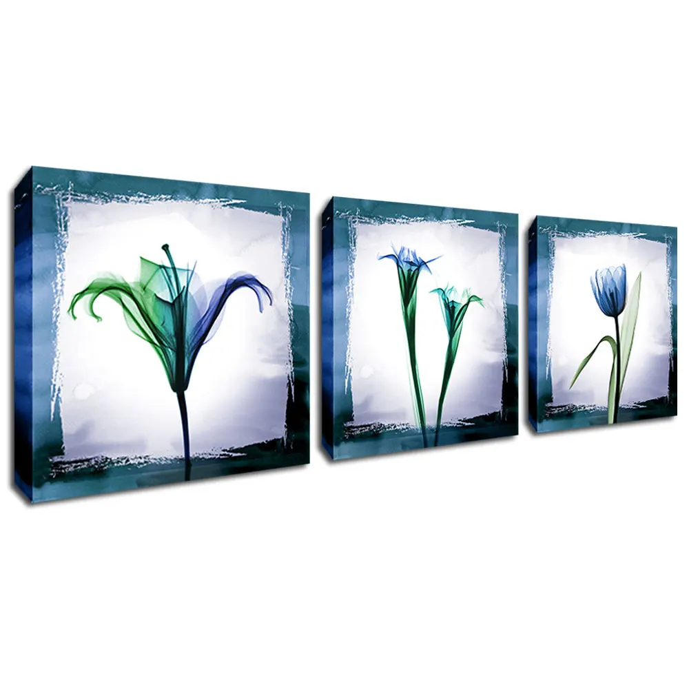 

Stretched Frame Flower Wall Art Canvas Painting Abstract Transparent Blue Flower Poster Print Decor Picture for Living Room 3PCS