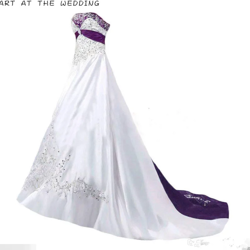 REAL AFBEELDING Elegante Trouwjurken 2019 A Line Strapless Kralen Borduren Wit Paars Vintage Bruidsjurk Custom Made Hoge Qua REAL AFBEELDING Elegante Trouwjurken 2019 A Line Strapless Kralen Borduren Wit Paars Vintage Bruidsjurk Custom Made Hoge Qua