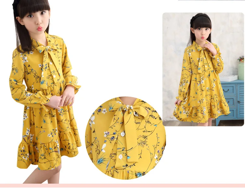 Girl Summer Dress Long Sleeve Children Clothes Floral Dresses  3 5 8 10 12 Years Girl Vestidos Enfant Yellow White Korean Dress skirt for baby girl