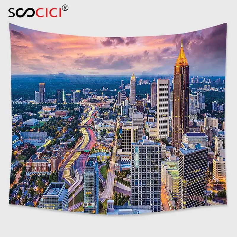Cutom Tapestry Wall Hanging Modern Atlanta City Skyline at Sunset with Hazy Light Georgia Town American View Baby Pink Blue | Дом и сад