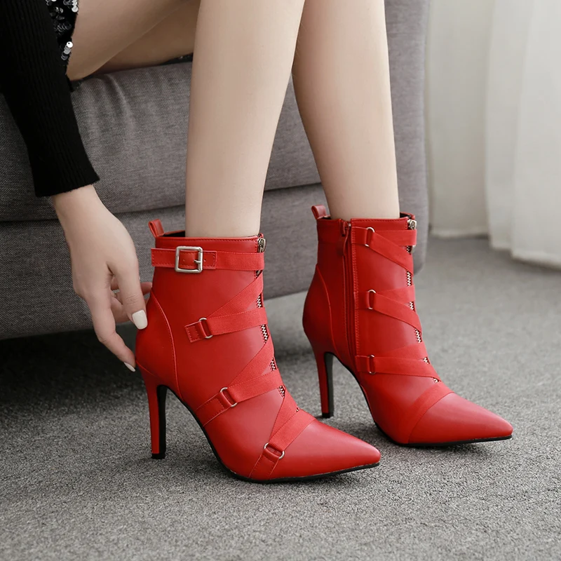 NIUFUNI/; женские ботильоны; модные красные ботинки из искусственной кожи на высоком каблуке с острым носком на молнии с пряжкой; Осенняя обувь; женская обувь; botas mujer