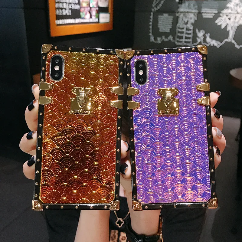 

Luxury Laser Fish Scale Phone Case for iPhone X 6 6s 7 8 Plus XR Xs Max Fashion Metal Square Vintage Phone Back Cover Coque Case