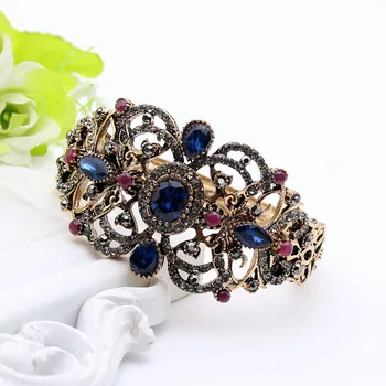 Delicate Resin Flower Vintage Bracelets Cuff Women Antique Gold Color Jewelry Hollow Roll Grass Pattern Bangles Ethnic Bijoux