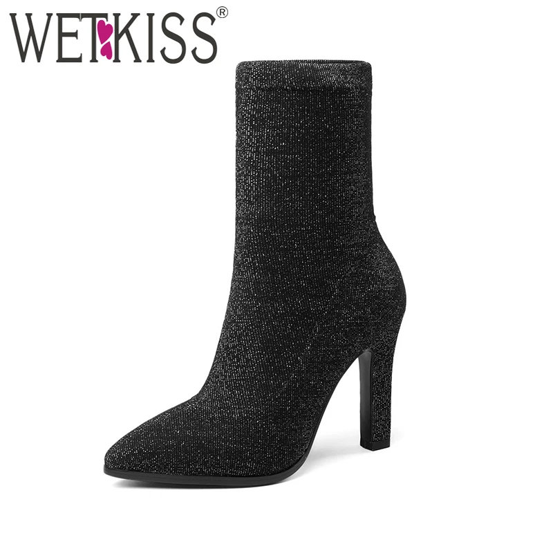Kopen WETKISS Nieuwste Model Sexy Vrouw Sok Boot Dame Hoge Hakken Enkellaars Puntige teen Vrouwelijke Herfst Schoenen Vrouwen Schoen Grote maat 34 43