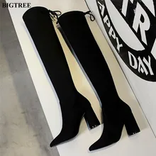 Г. Новые Теплые женские сапоги выше колена однотонные черные длинные сапоги из шерсти с острым носком повседневная женская обувь на высоком каблуке со шнуровкой