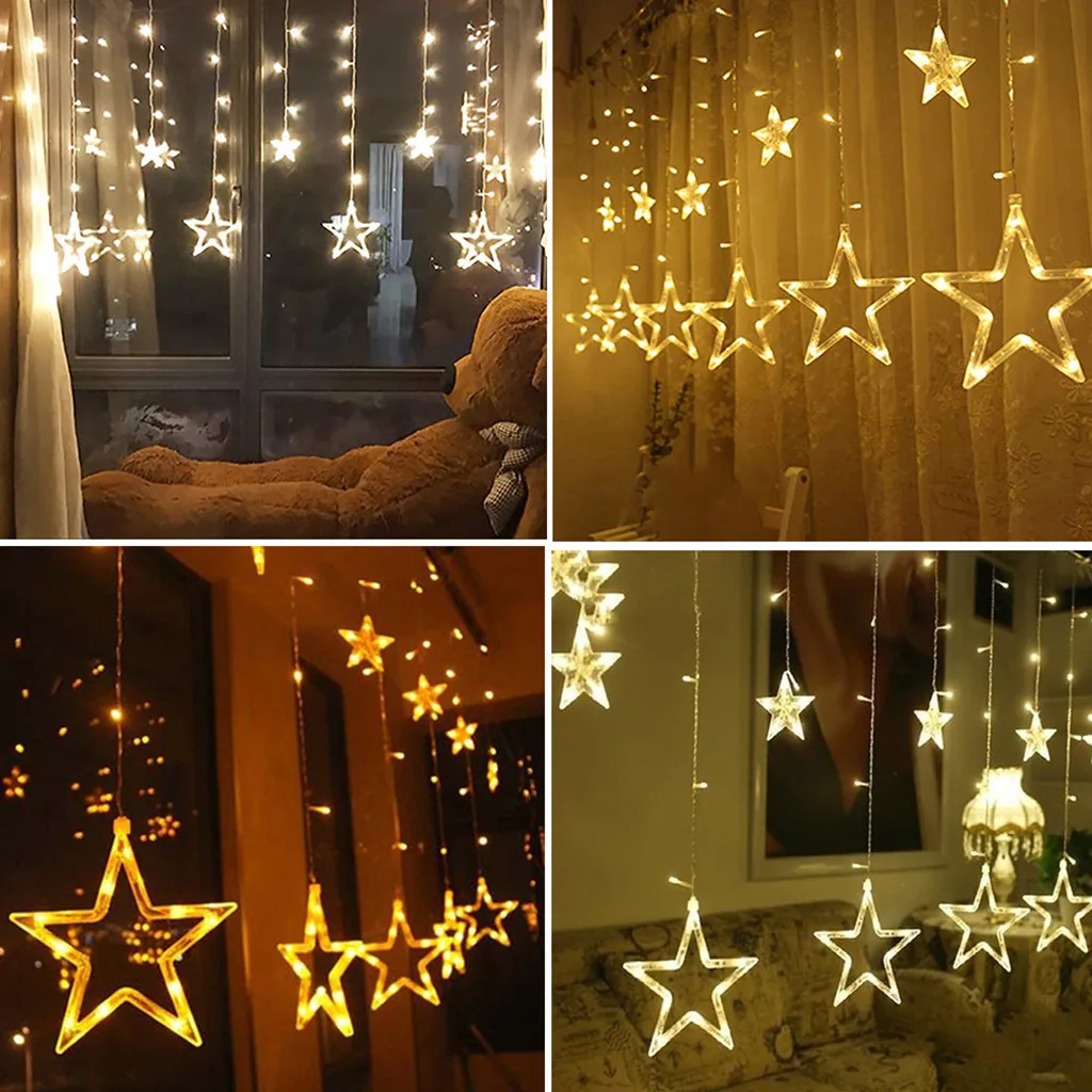 98Leds Night Light USB/Battery Power 9Pcs Star Curtain String Lights Hanging Lamp for Wedding Party Window Garland Decor