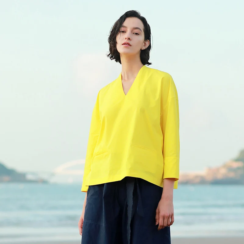 

IRINAW133 New Arrival 2018 original design simple v neck long sleeve oversize cotton shirt women top