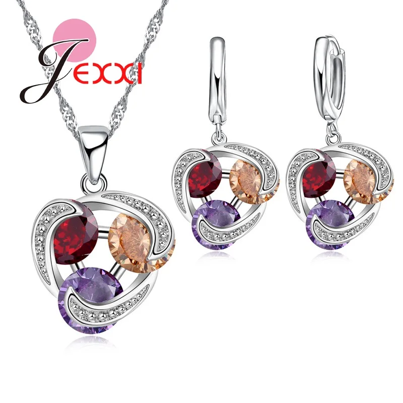 

JEXXI Three Color Rhombic Jewelry Set Crystal CZ Zirconia Silver Pendant Necklace & Earrings Sets for Women Wedding