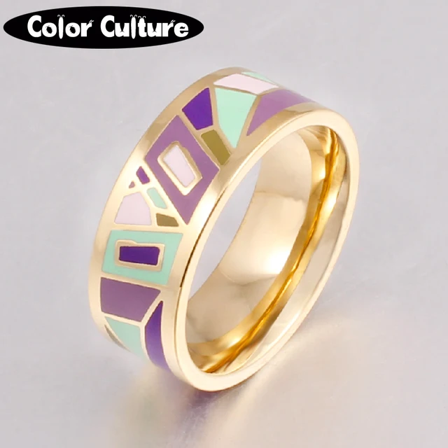 New Brand Exclusive Beautiful Geometry Color Vintage Enamel Ring 0.8cm Width gol New Brand Exclusive Beautiful Geometry Color Vintage Enamel Ring 0.8cm Width gol