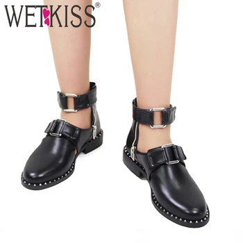 

WETKISS Studded Summer Ankle Boots Women Rivet Motorcycle Boot Woman Low Heels Punk Shoes Female Round Toe Zip Shoes Ladies 2019