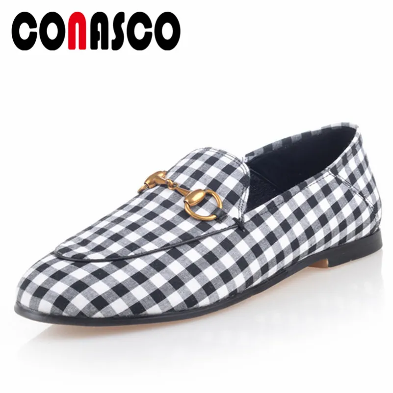 

CONASCO New Arrival Women 2019 Slip On Flats Round Toe Spring Autumn Comfot Casual Shoes Woman Ladies Plaid Loafter Shoes