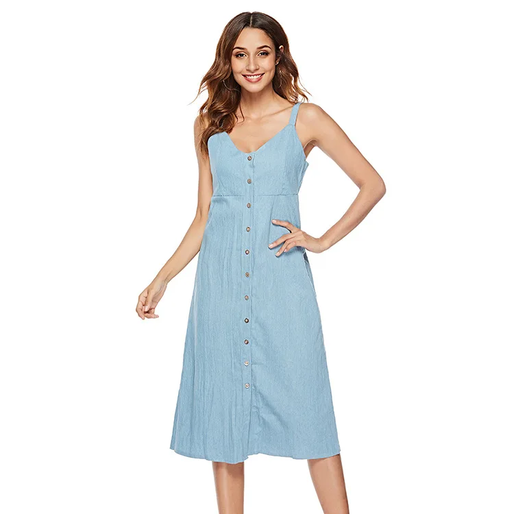 

Jeans Dress Vestido Casual Sleeveless Button Spaghetti Strap Dress Women Femme Summer Solid Blue V Neck Vestiti Donna Estate