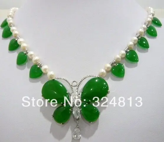 

Free shipping@@@@@ Charming Green Jade turquoise white pearl Butterfly Pendants Necklace a
