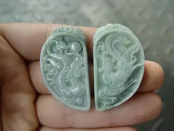 

Pair Unique Natural Grade A Jade Jadeite Pendant Chinese Dragon Phoenix AAA