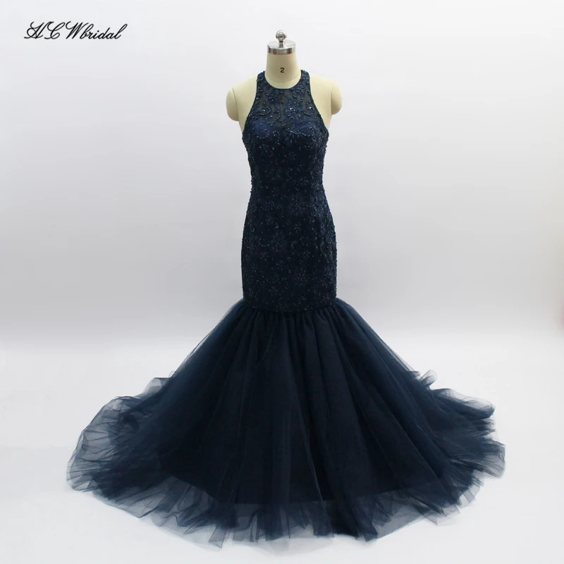 

Navy Blue Mermaid Evening Dress 2019 Beaded Lace Sleeveless Tulle Puffy Long Formal Evening Dresses Custom Made Women Party Gown