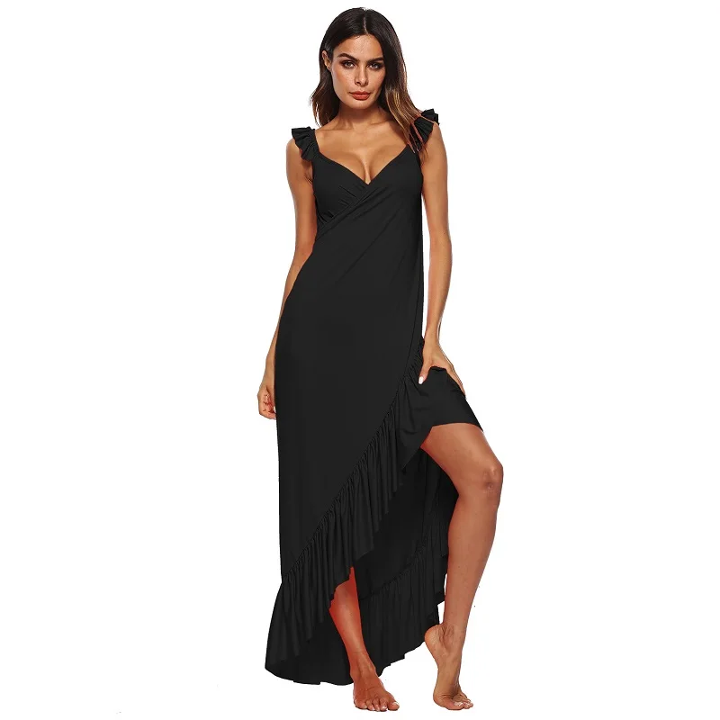IASKY Новое пляжное длинное платье с оборками, туника, Saida De Praia, летние женские туники, саронг, бикини, накидка - Цвет: Черный