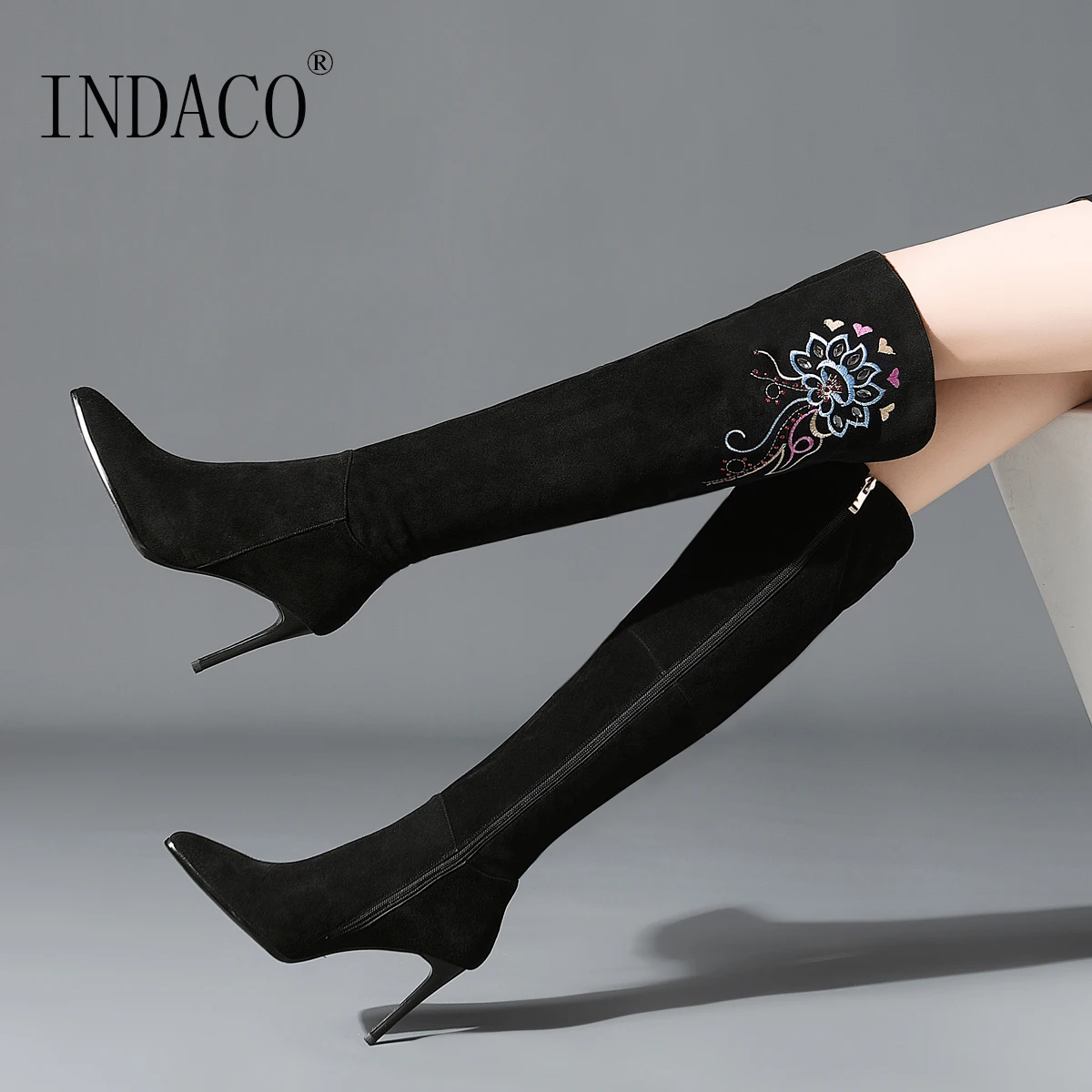 

Embroidery Leather Thigh High Boots Women Over the Knee Boots 2018 New Leather Long Boots Fashion Botines