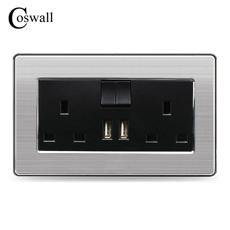 

COSWALL 146 UK Standard Switched Socket 2 USB Charge Port For Mobile Output 5V 2.1A Wall Outlet Stainless Steel Panel