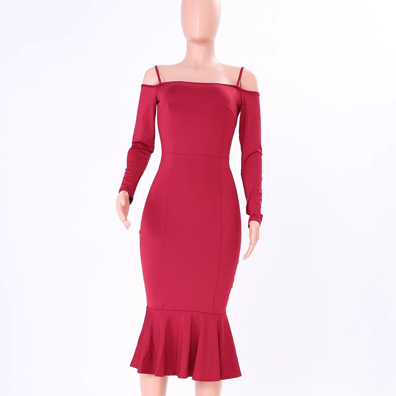 Kostlich Spaghetti Strap Long Sleeve Ruffles Mermaid Party Dresses Slash neck Bodycon Sexy Women Midi Dress 6 Colors Clothing (15)
