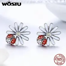WOSTU, Новое поступление, 925 пробы серебряные серьги-гвоздики в виде маргаритки и божьей коровки для женщин и девушек, брендовые серебряные ювелирные изделия, подарок FIE459