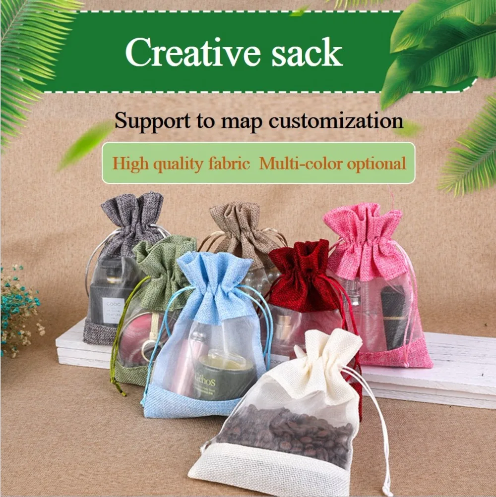 

Customizable multi-color one-side window drawstring jewelry gift green storage linen bundle pocket