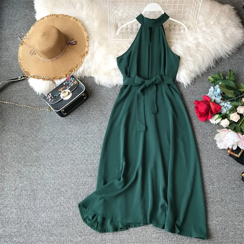 

New Evening Slim Basic Halter Neck Sexy Bandage Summer Midi Long Dress Party Women Casual Beach A-Line Elegant Tie Vestidos