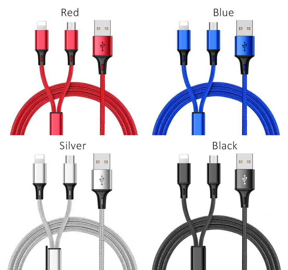 NOHON 2 IN 1 Fast Micro USB Type-C Lighting Nylon Charging Cable For Iphone Samsung Galaxy Universal Phone Quick Charger Cables (2)