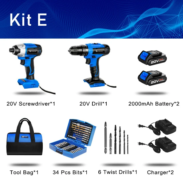 KIT E Беспроводная ударная дрель PROSTORMER 20 в, аккумуляторная отвертка, дополнительный набор из двух предметов, 2000 мАч, беспроводная перезаряжаемая отвертка - Цвет: KIT E