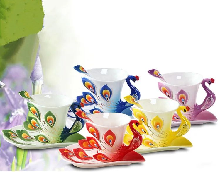 

3D Peacock Enamel Coffee Mug Cup Set Ceramic Tea Milk Drinkware Creative China Bone Friend Gift