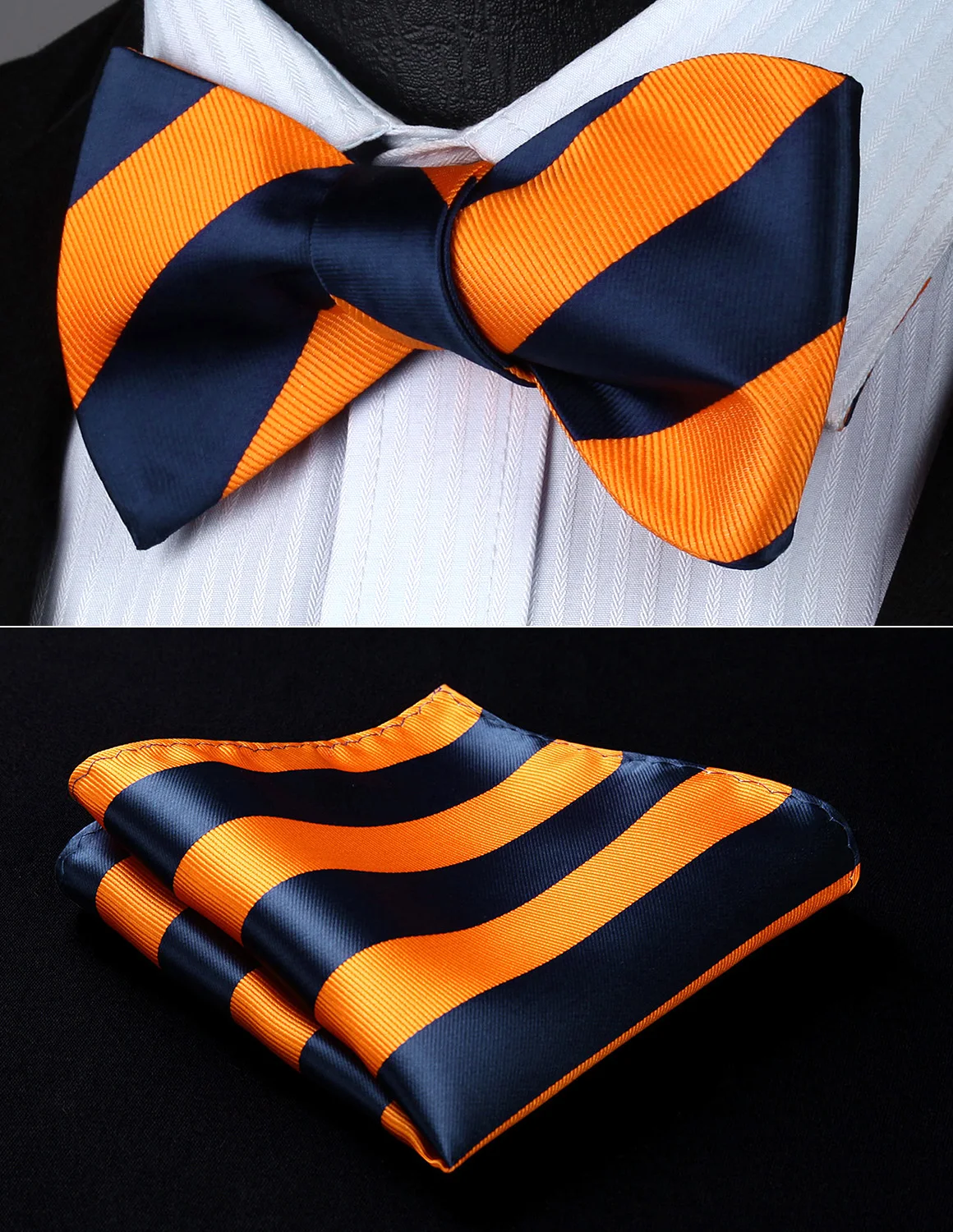 Black Blue Striped Men/'s Tie Bowtie Self-Tie Wedding Silk Bowtie+Handkerchief