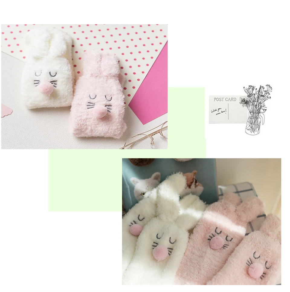 Winter New Soft Brushed Thick Cute Cartoon Animal Bunny Ears Warm Ladies Floor Sock Coral Half Velvet High Quality Women's Socks (8)