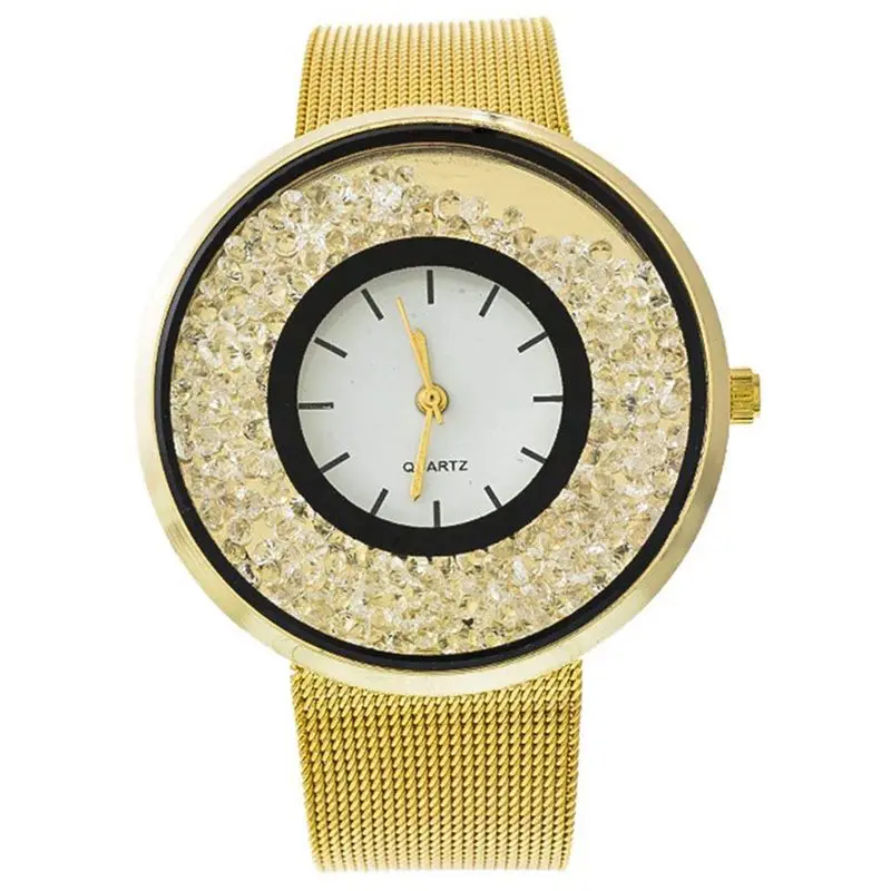 

Women Gold Color Band Round Dial Quicksand Rhinestone Quartz Analog Wrist Watch 22cm