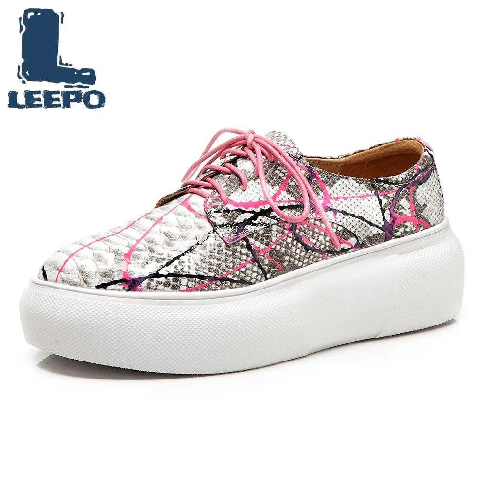 

LEEPO Women Genuine Leather Fashion Flats Platforms Shoes Woman Lace-Up Spring Autumn Silver Casual Shoes Ladies Round Toe Flats
