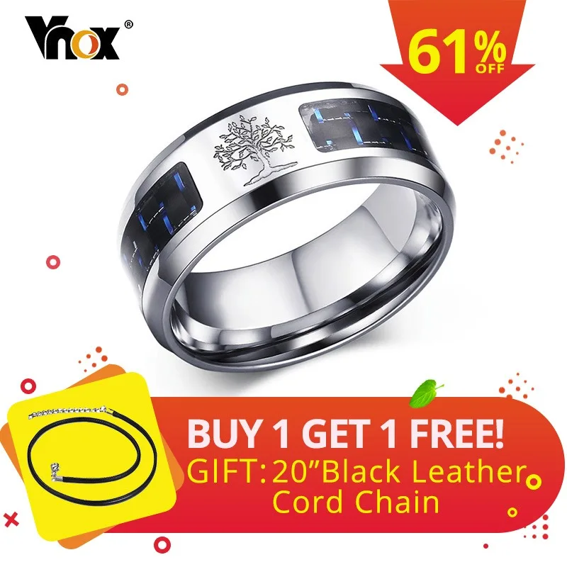 Vnox 8mm Personalize Carbon Fiber Ring For Man Engraved Tree Of Life Stainless Steel Male Alliance Casual Customize Jewelry Band