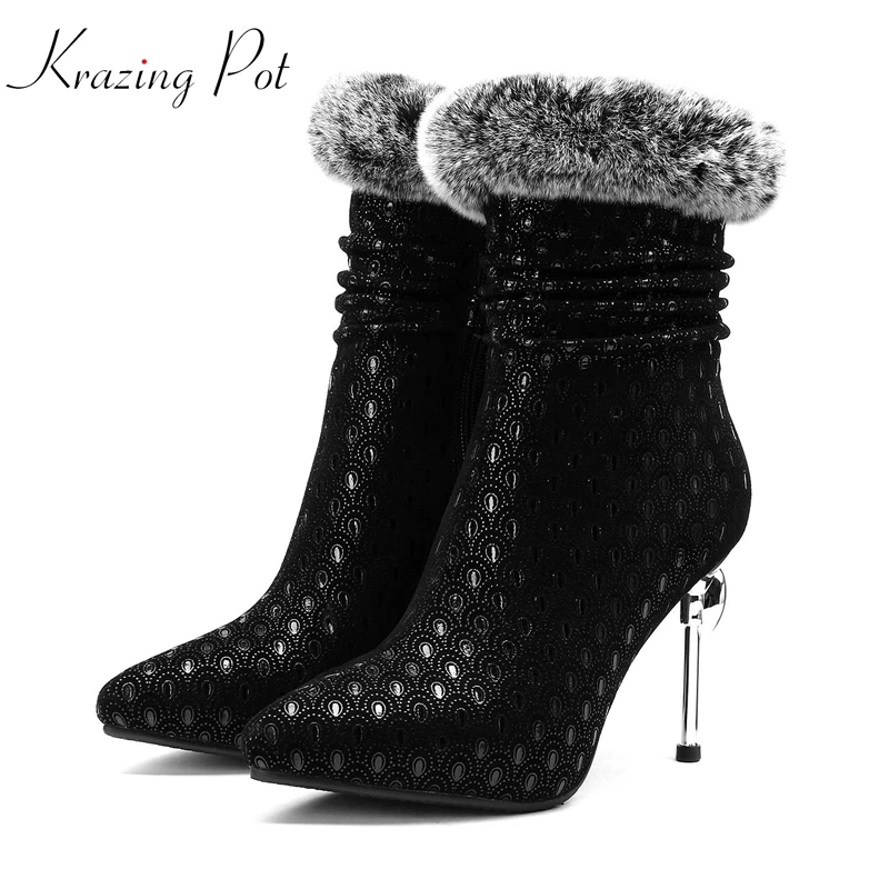 

Krazing Pot new arrival 2018 sheep suede pointed toe natural fur beauty lady elegant brand oriental vintage mid-calf boots L35