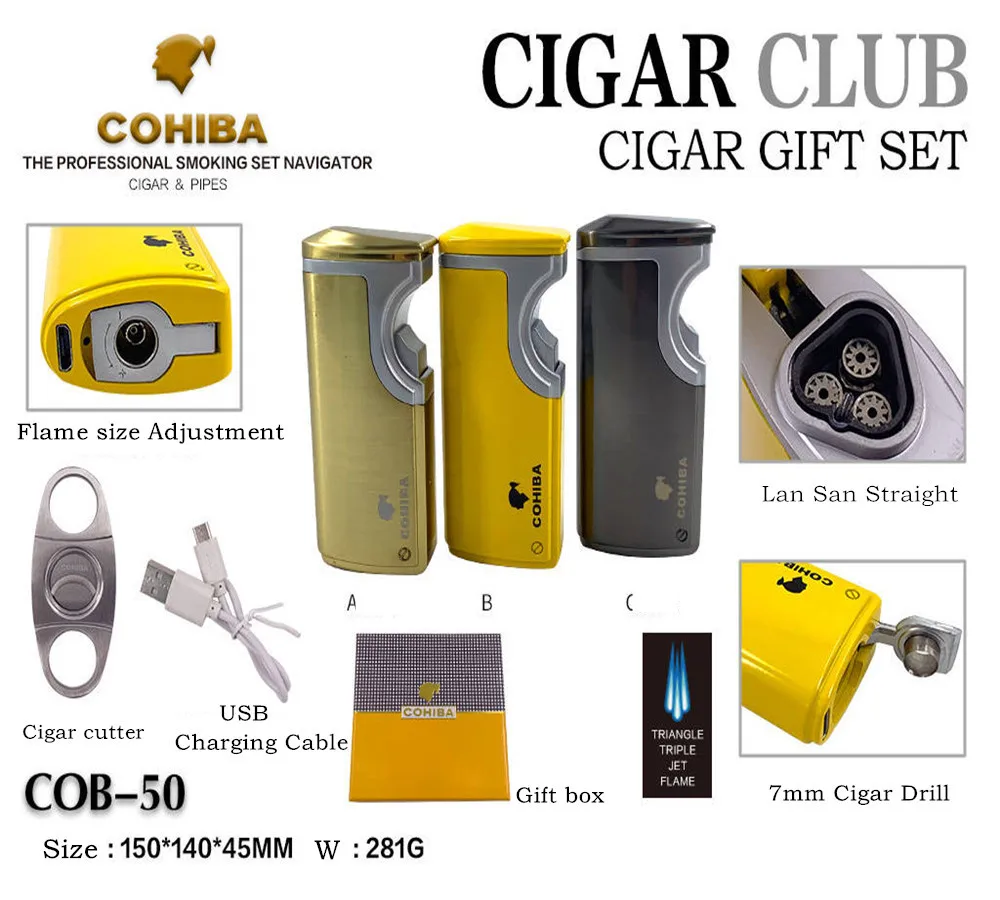 COHIBA сигара USB Зажигалка резак инструменты отверстие открывалка сигарета Металл многоразового бутан газ 3 фонарь Jet пламя удар подарочная коробка