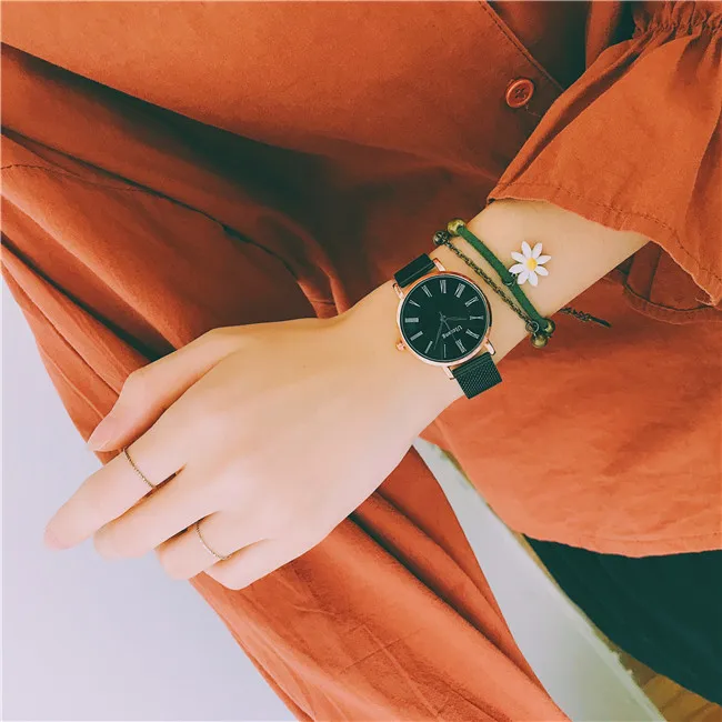 Золотые женские часы Ulzzang, модные роскошные Брендовые женские наручные часы с металлическим сетчатым ремешком, элегантные часы в римском стиле с синими стрелками