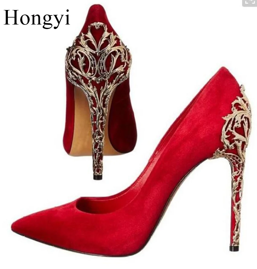 

Hongyi new year spring hot selling red suede pointed toe high hee pumps gold metal branch cut-out heel wedding shoes