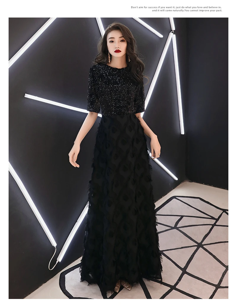 Weiyin/Черное длинное вечернее платье трапециевидной формы, с круглым вырезом, с короткими рукавами, длиной до пола, кружевное вечернее