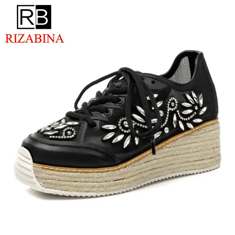 

RizaBina Size 34-40 Fashion Quality Women Genuine Leather High Wedges Fisherman Shoes Women Beading Flower Pumps Women Footwears