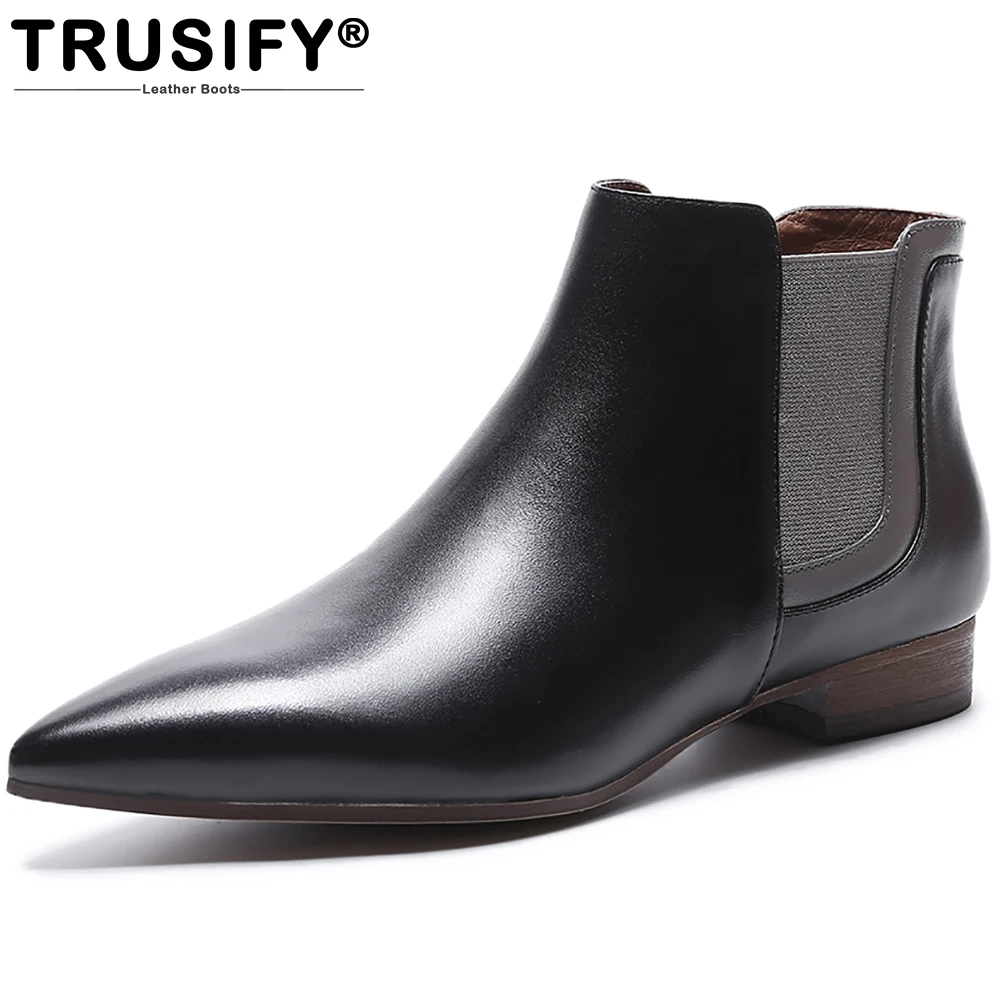

TRUSIFY 2017 Ohalike Genuine Leather Women Boots Mixed Colors Shallow Pointed Toe White Heel Ankle