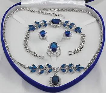 

18K Gold Plated Inlay Blue crystal Necklace Bracelet Ring Earring set **18K gold plated watch wholesale Quartz stone CZ crystal