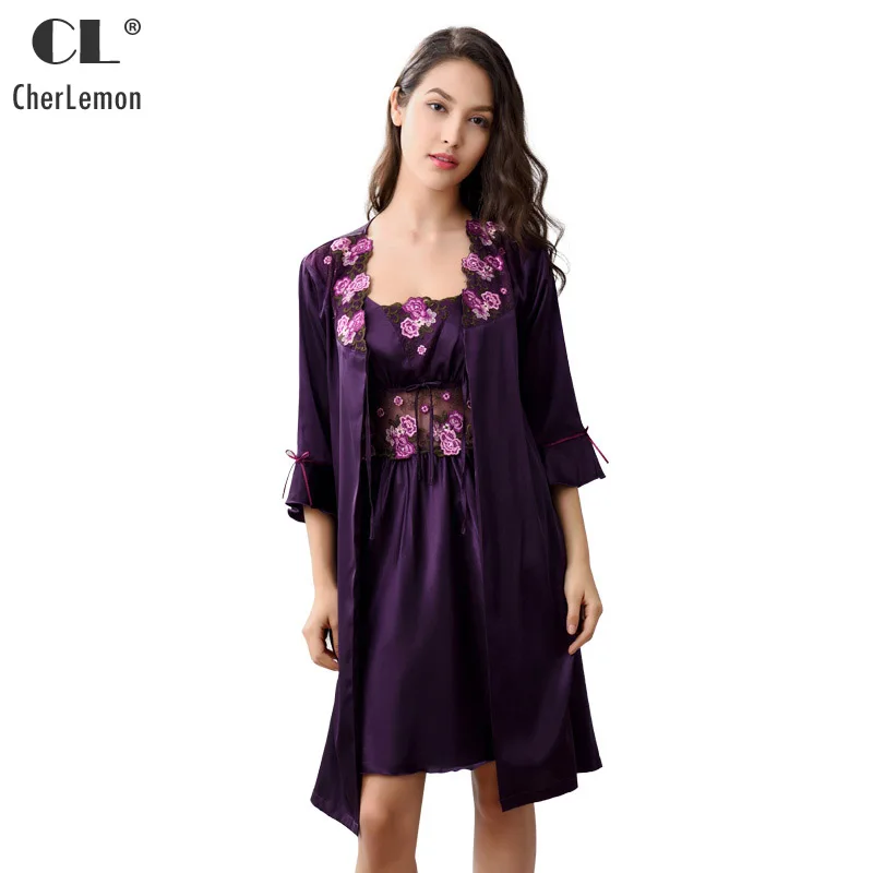 CherLemon Spring Women Sexy Satin Chemise Nightgown and Robe Set Female Lace Embroidery