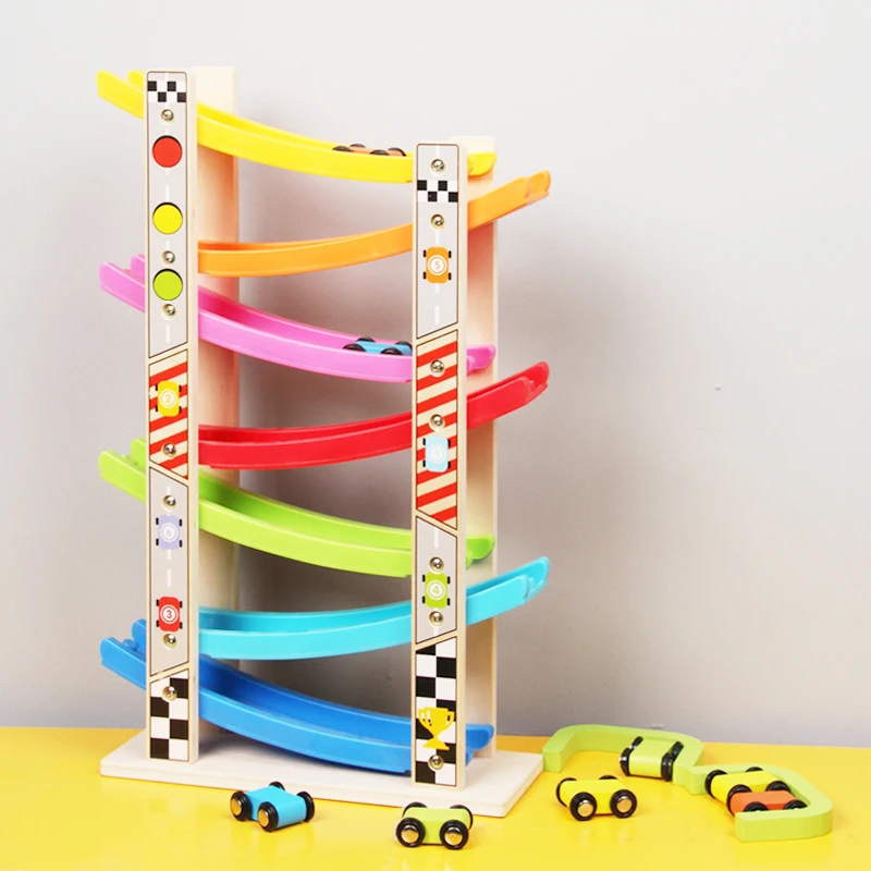 

Wooden 7-Layer Ramp Race Track & 8 Mini Inertia Car Sliding Toy Vehicel&Train Baby Toddler Motor Skill Developmental Kids Gift