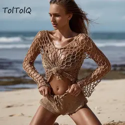 TolTolQ пикантные Вязание комплект из двух предметов Cover Up пляжная Для женщин выдалбливают пляжная одежда комплект из двух предметов комплект