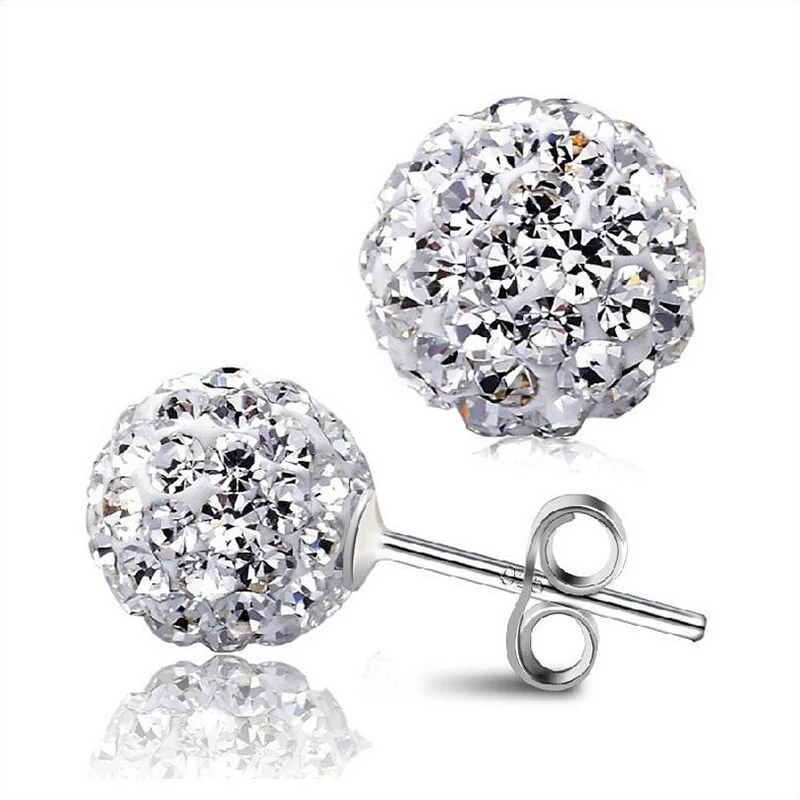 New 10 MM Sparkle Round Crystal Pave Disco Ball silver Stud Earrings