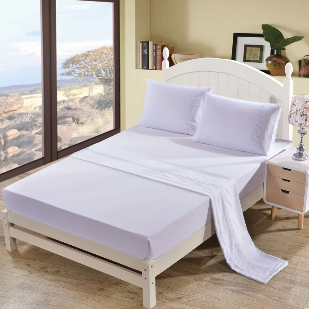 

300TC Pure 4pcs polyester cotton Sheet set Solid Color Embroidered US Queen King Bed Cover Flat Fitted Sheet set 2 shams 5 color