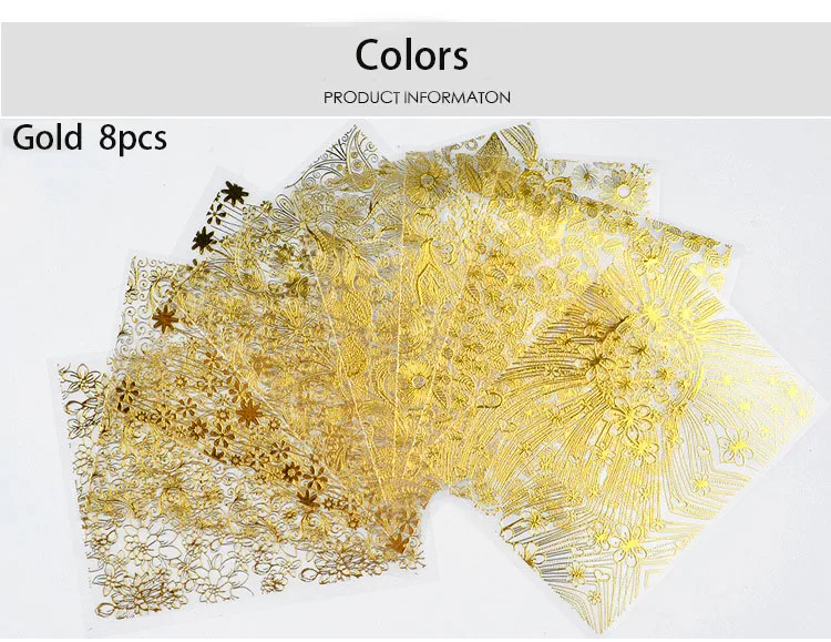 Дизайн ногтей металлическая наклейка Золотая Серебряная фольга 8 шт./компл. цветок лист дизайн ногтей Маникюр украшения наклейки с клеем на спине MZ018