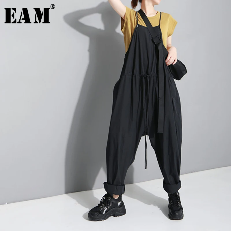 

[EAM] 2019 New Spring Autumn High Waist Pocket Stitch Pleated Drawstring Button Loose Pants Women Jumpsuits Fashion Tide JY779