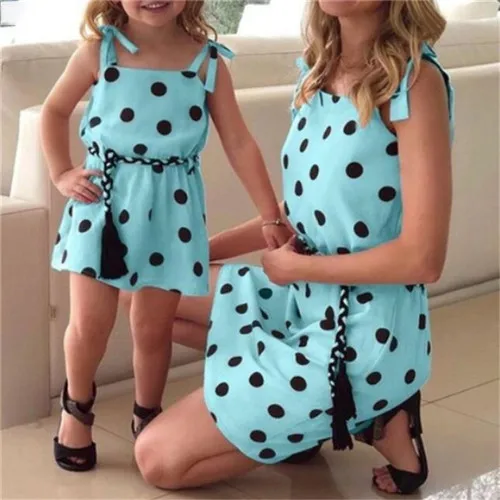 Одинаковые комплекты для семьи летнее платье платья в горошек для мамы и дочки одежда для мамы и дочки От 1 до 5 лет - Цвет: Синий